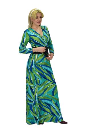 Kadın Yeşil Çiçek Desenli V Yaka Elbise BGL-ST03545