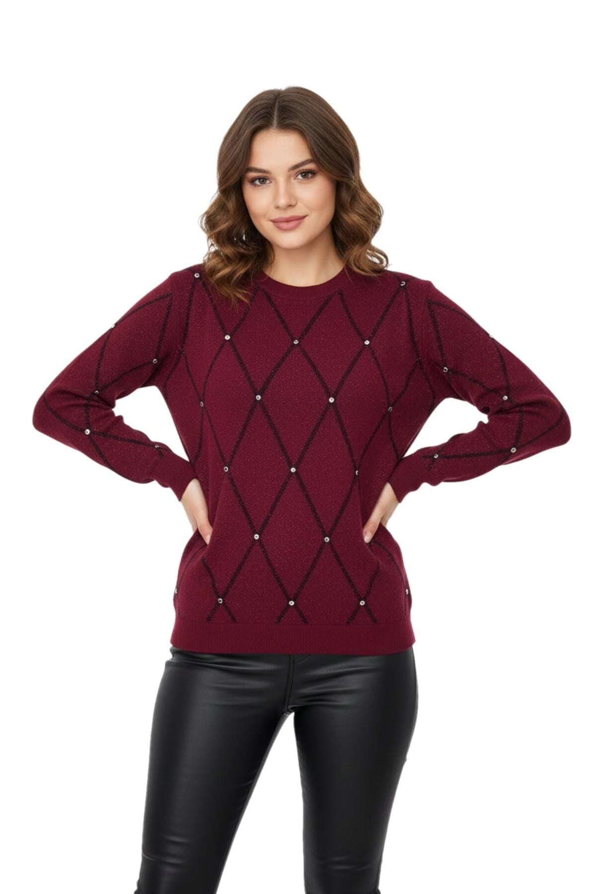 Kadın Sıfıryaka Yaka Baklava Dilim Taşlı Kazak BGL-ST05080 BORDO - M/L