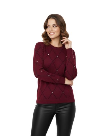 Kadın Sıfıryaka Yaka Baklava Dilim Taşlı Kazak BGL-ST05080 BORDO - M/L