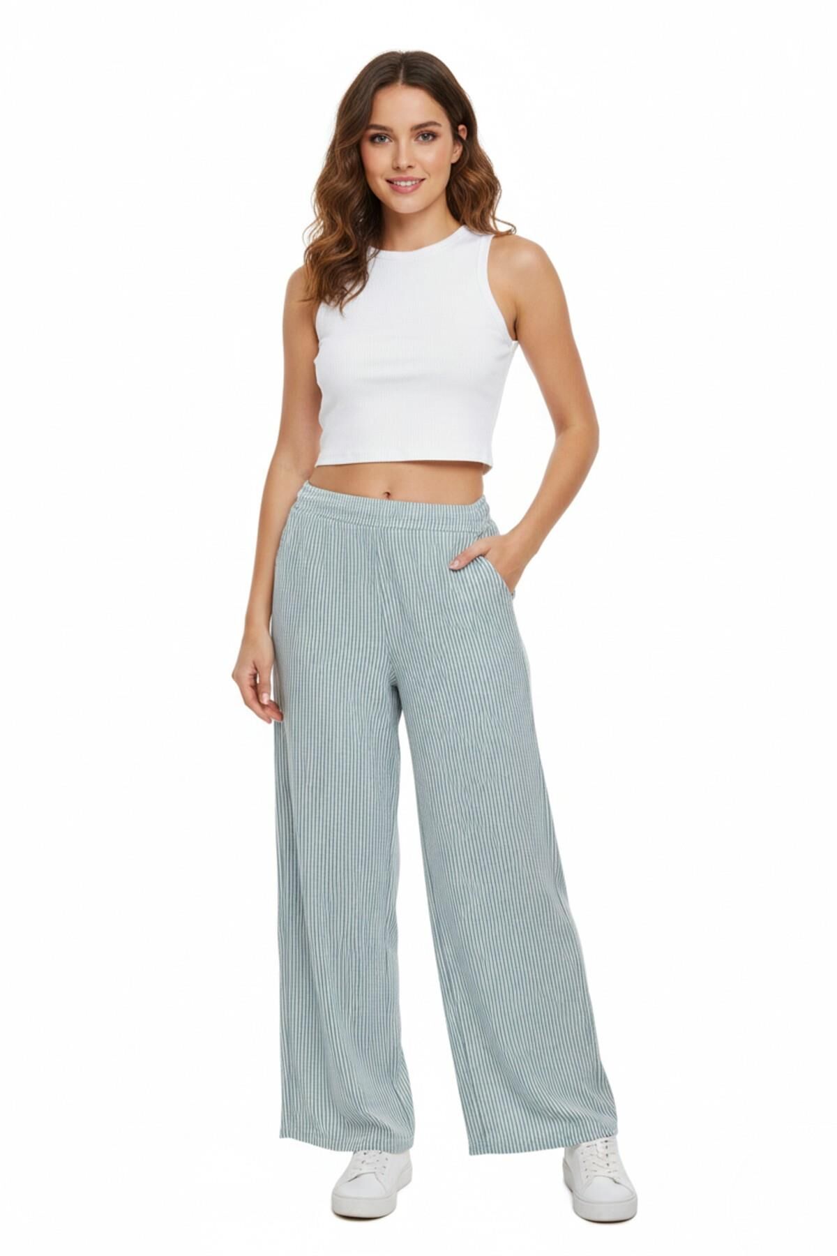 Kadın Su Yolu Çizgili Lastikli Pantolon BGL-ST04765 YEŞİL - M/L