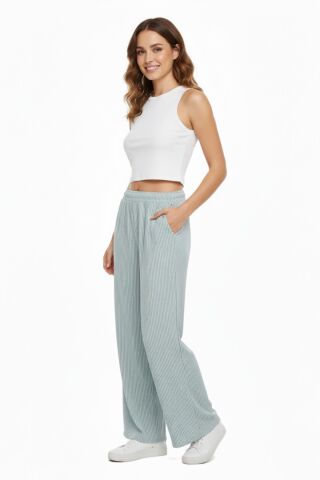 Kadın Su Yolu Çizgili Lastikli Pantolon BGL-ST04765 YEŞİL - M/L