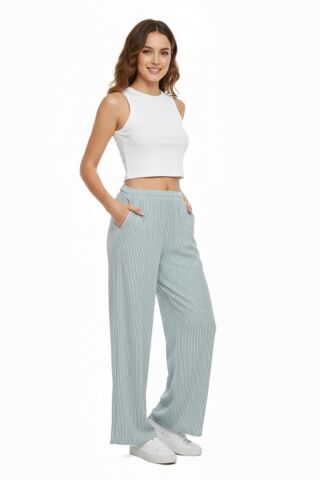 Kadın Su Yolu Çizgili Lastikli Pantolon BGL-ST04765 YEŞİL - M/L