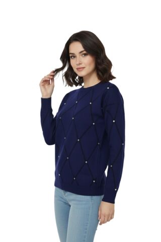 Kadın Sıfıryaka Yaka Baklava Dilim Taşlı Kazak BGL-ST05080 LACİVERT - M/L