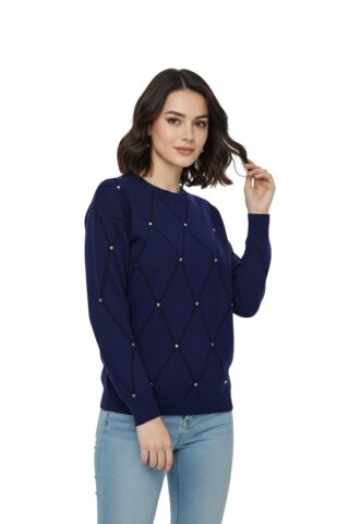 Kadın Sıfıryaka Yaka Baklava Dilim Taşlı Kazak BGL-ST05080 LACİVERT - M/L