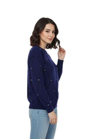 Kadın Sıfıryaka Yaka Baklava Dilim Taşlı Kazak BGL-ST05080 LACİVERT - M/L