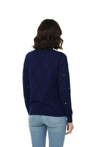 Kadın Sıfıryaka Yaka Baklava Dilim Taşlı Kazak BGL-ST05080 LACİVERT - M/L