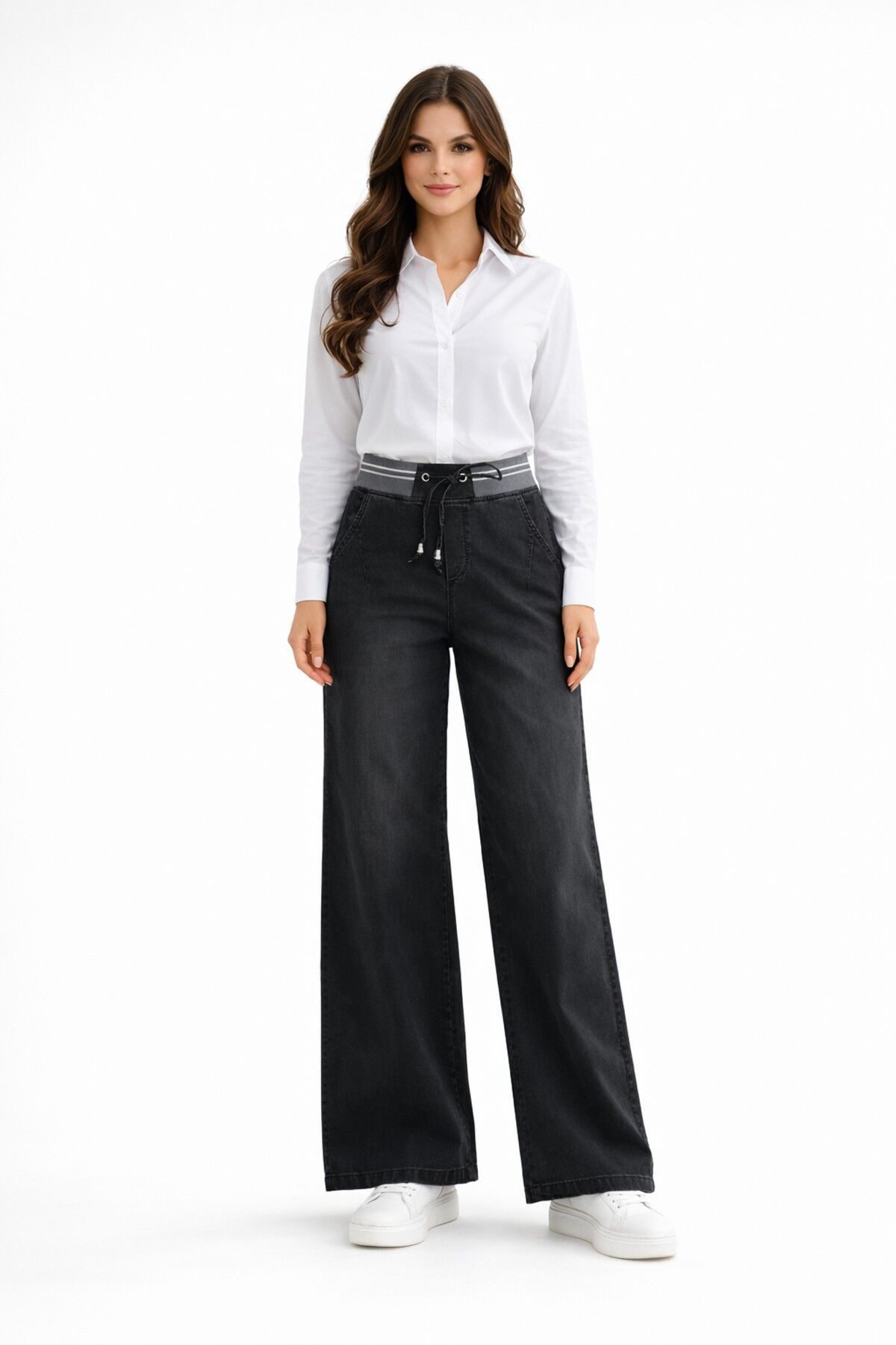 Kadın Bol Jean Pantolon Beli Ribana Lastikli BGL-ST05385 FÜME - 50