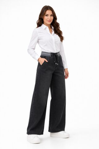 Kadın Bol Jean Pantolon Beli Ribana Lastikli BGL-ST05385 FÜME - 50