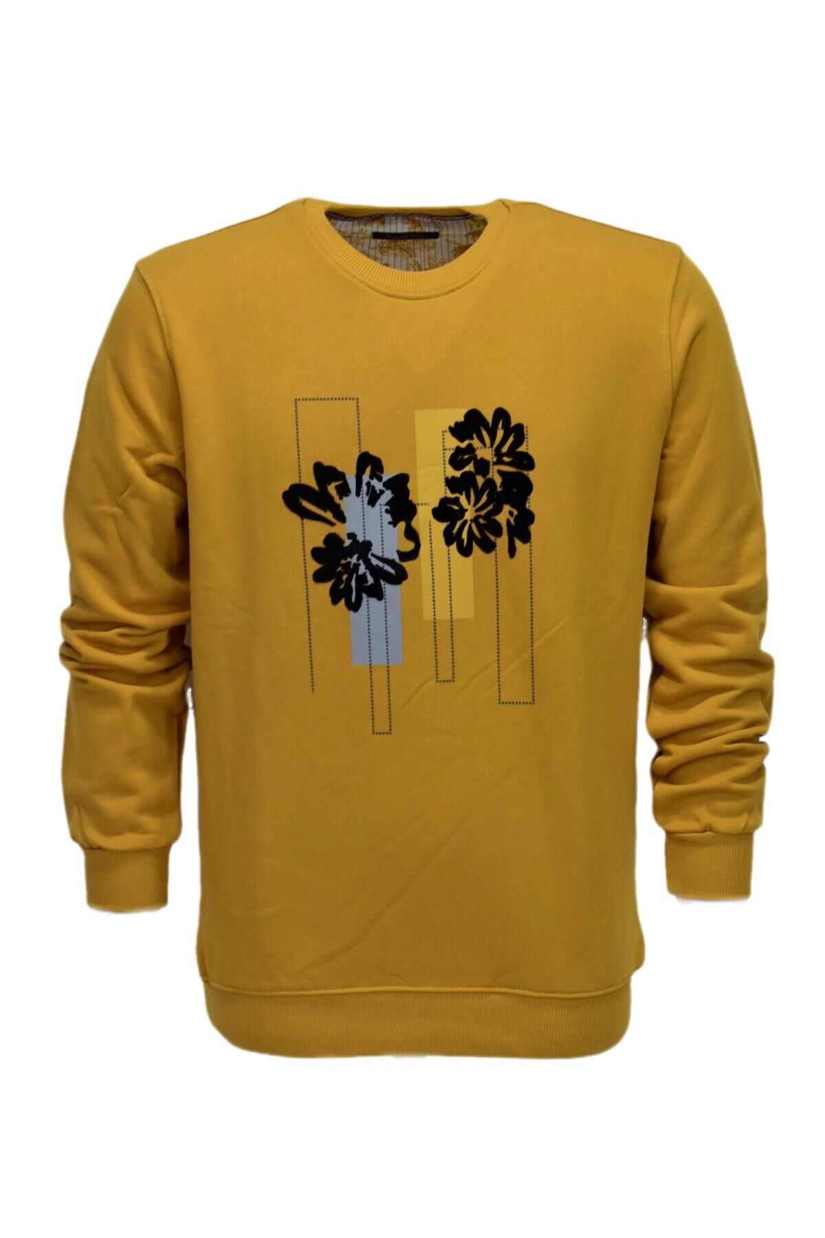 Erkek Baskılı Spor Sıfır Yaka Sweatshirt R2201 BGL-ST03191 HARDAL - 2XL