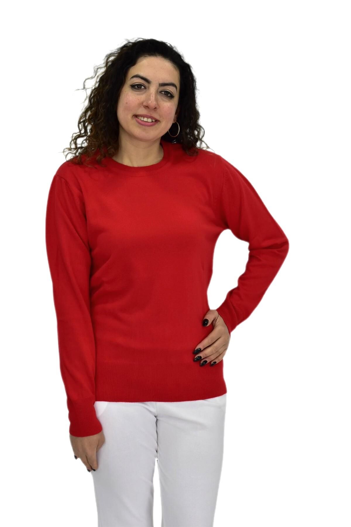 Kadın Sıfır Yaka Spor Kazak BGL-ST04085 KIRMIZI - L