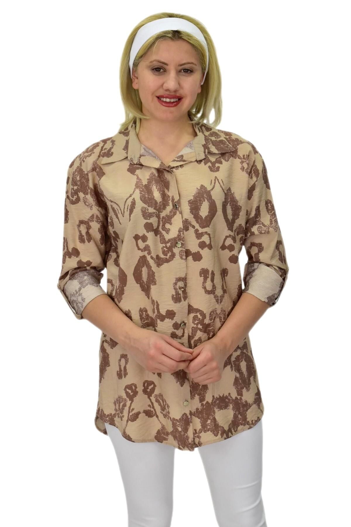 Kadın Leopar Desen Ayrobin Gömlek BGL-ST03700 KAHVE - 40