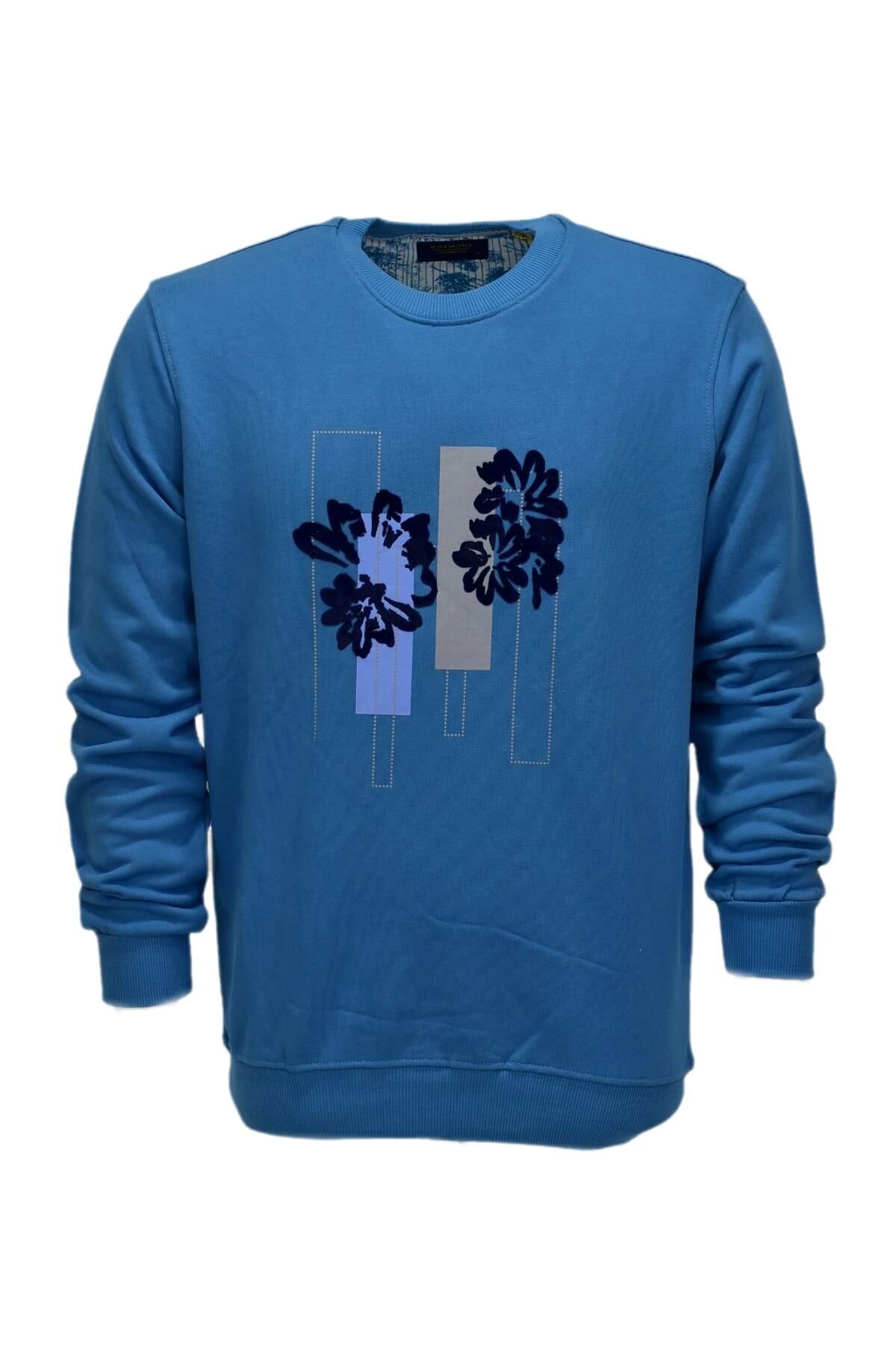 Erkek Baskılı Spor Sıfır Yaka Sweatshirt R2201 BGL-ST03191 MAVİ - 2XL
