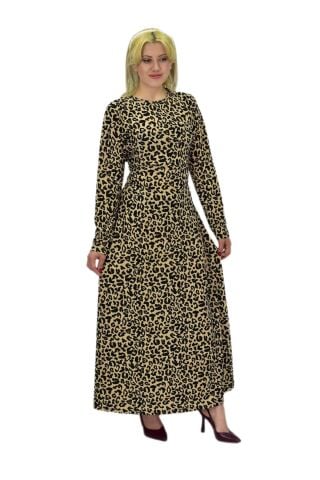 Kadın Leopar Desen Krep O Yaka Elbise BGL-ST03539