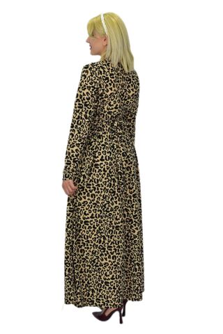 Kadın Leopar Desen Krep O Yaka Elbise BGL-ST03539 BEJ - L