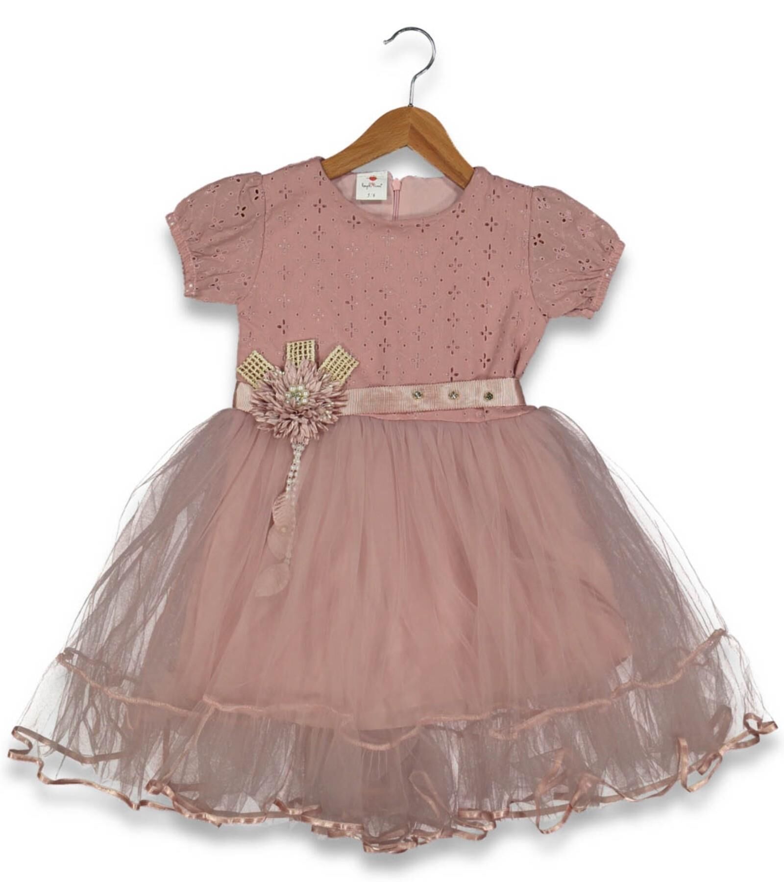 Kız Çocuk Brodeli Tül Elbise BGL-ST04441 PUDRA - 7 YAŞ
