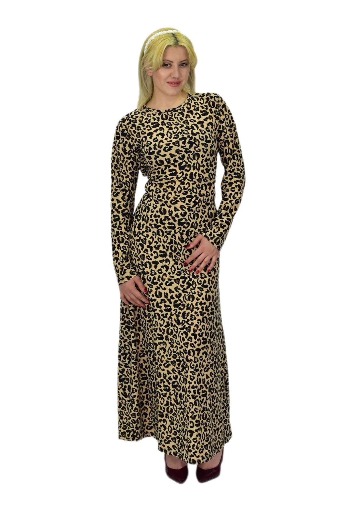 Kadın Leopar Desen Krep O Yaka Elbise BGL-ST03539 BEJ - XL