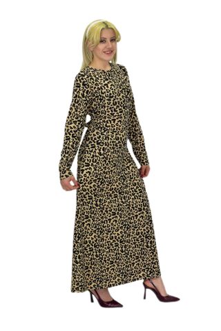 Kadın Leopar Desen Krep O Yaka Elbise BGL-ST03539 BEJ - XL