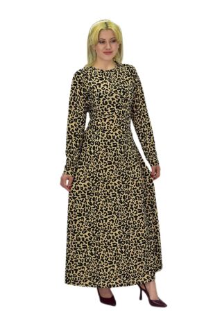 Kadın Leopar Desen Krep O Yaka Elbise BGL-ST03539 BEJ - XL