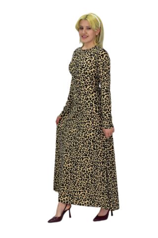 Kadın Leopar Desen Krep O Yaka Elbise BGL-ST03539 BEJ - XL
