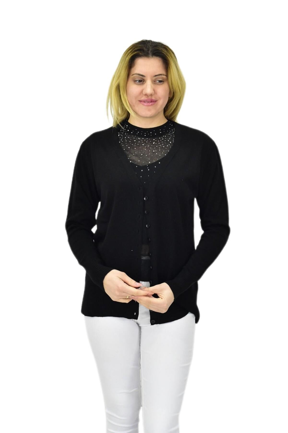 Kadın Triko Spor Hırka BGL-ST04087 SİYAH - 2XL