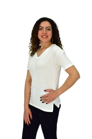 Kadın Yarım Kol V Yaka Likralı Tişöt  BGL-ST04651 BEYAZ - S