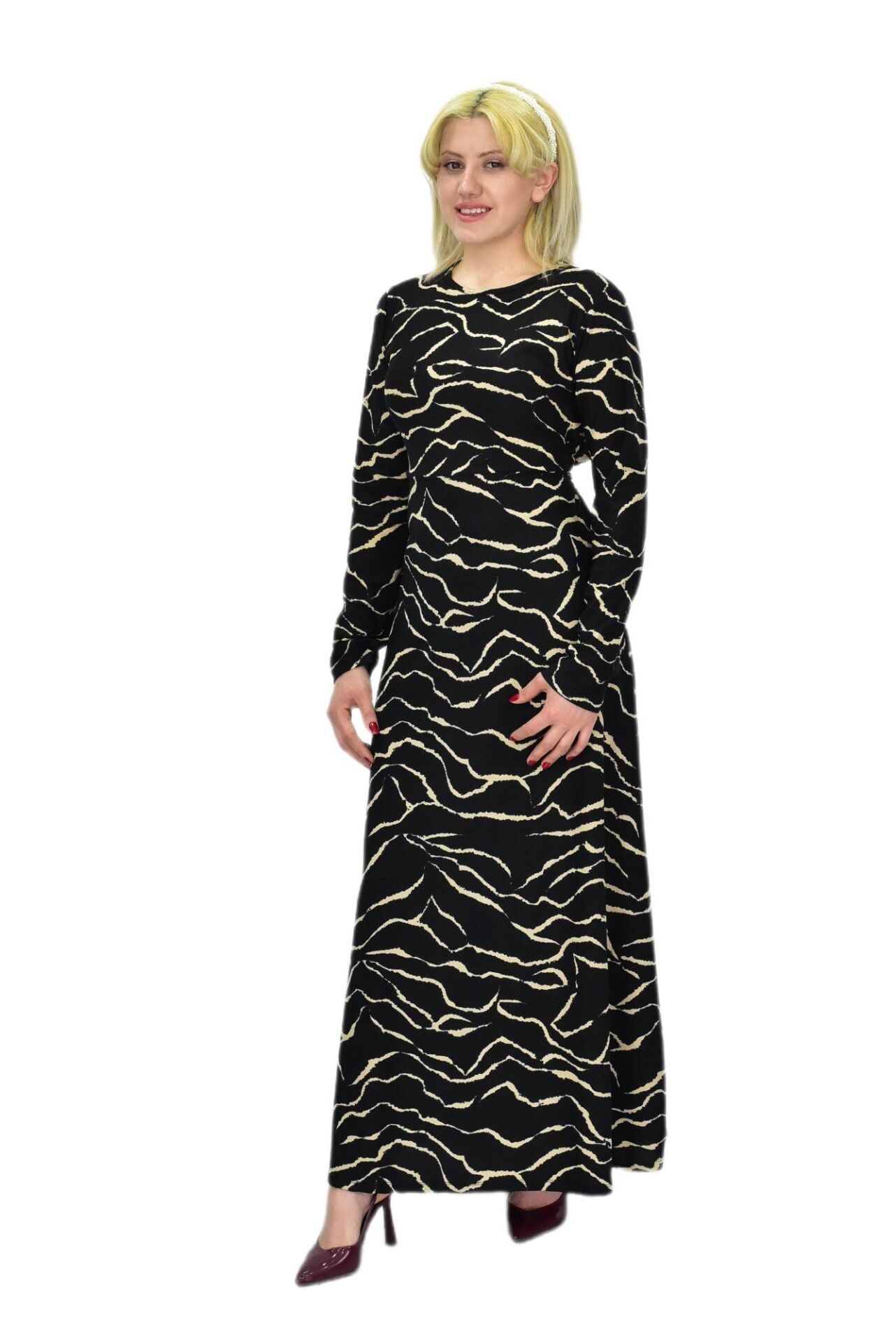 Kadın Leopar Desen Krep O Yaka Elbise BGL-ST03539 SİYAH - S