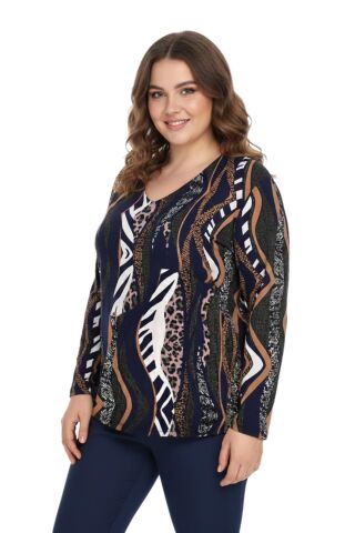 Kadın V Yaka Modelli Baskılı Bluz BGL-ST05107 LACİVERT - XL