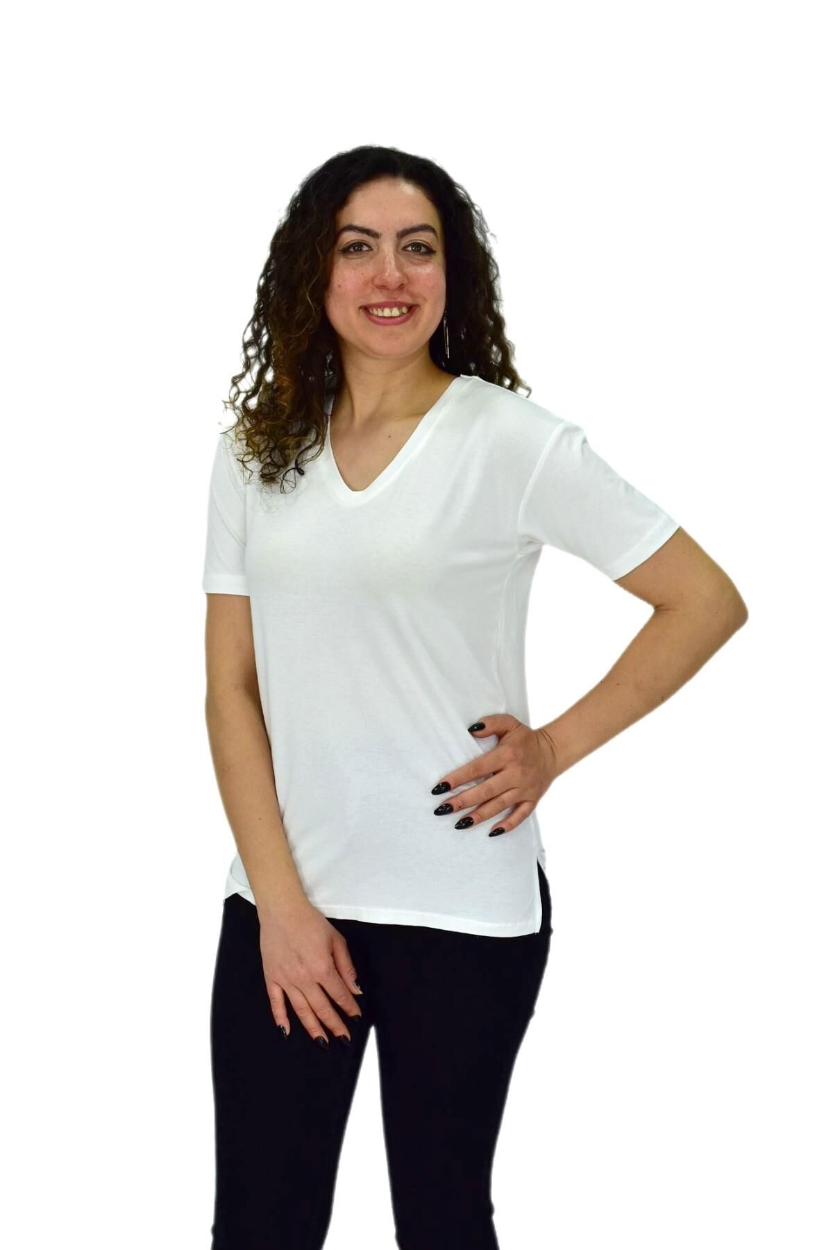 Kadın Yarım Kol V Yaka Likralı Tişöt  BGL-ST04651 BEYAZ - M