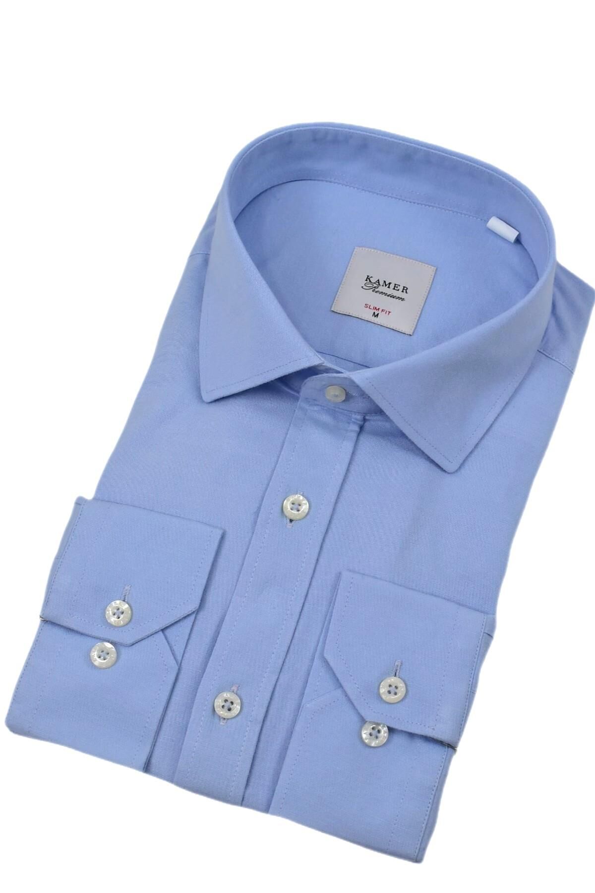 Erkek Slim Fitt Likralı Uzun Kol Kulplu Gömlek 2358 BGL-ST04384 MAVİ - M