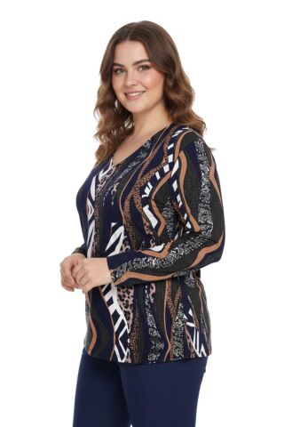 Kadın V Yaka Modelli Baskılı Bluz BGL-ST05107 LACİVERT - M