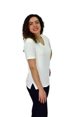 Kadın Yarım Kol V Yaka Likralı Tişöt  BGL-ST04651 BEYAZ - L
