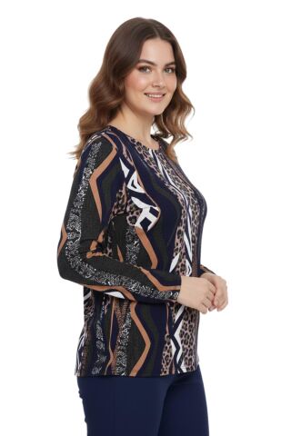 Kadın V Yaka Modelli Baskılı Bluz BGL-ST05107 LACİVERT - L