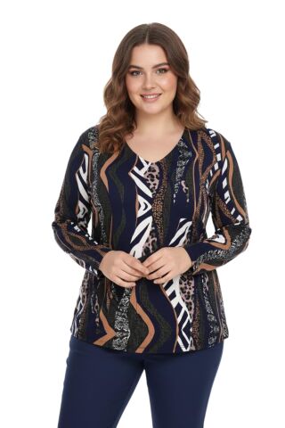 Kadın V Yaka Modelli Baskılı Bluz BGL-ST05107 LACİVERT - XL