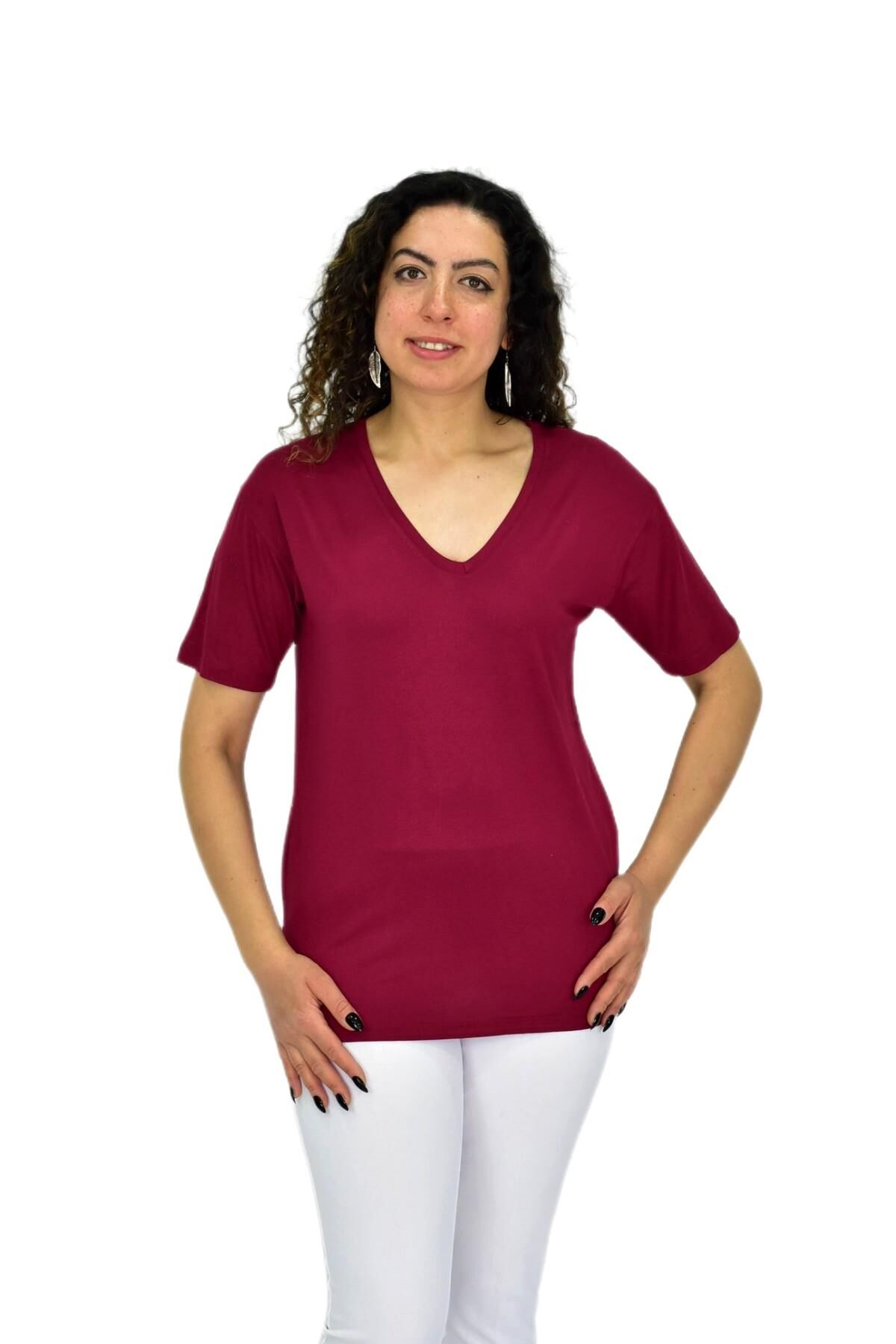 Kadın Yarım Kol V Yaka Likralı Tişöt  BGL-ST04651 BORDO - L