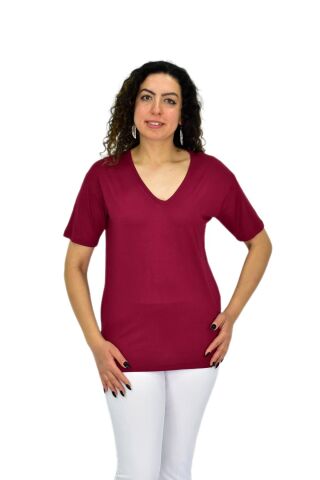 Kadın Yarım Kol V Yaka Likralı Tişöt  BGL-ST04651 BORDO - L
