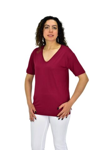 Kadın Yarım Kol V Yaka Likralı Tişöt  BGL-ST04651 BORDO - L