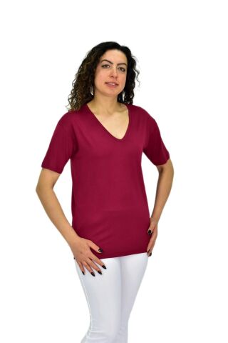 Kadın Yarım Kol V Yaka Likralı Tişöt  BGL-ST04651 BORDO - L