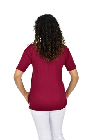 Kadın Yarım Kol V Yaka Likralı Tişöt  BGL-ST04651 BORDO - L