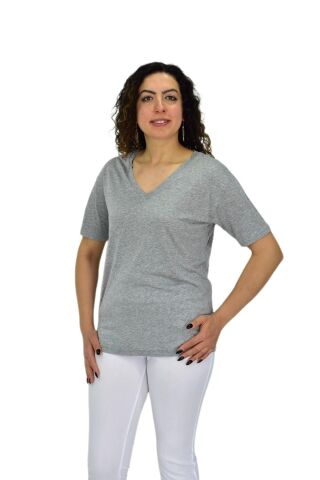 Kadın Yarım Kol V Yaka Likralı Tişöt  BGL-ST04651 GRİ - S