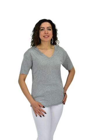 Kadın Yarım Kol V Yaka Likralı Tişöt  BGL-ST04651 GRİ - M