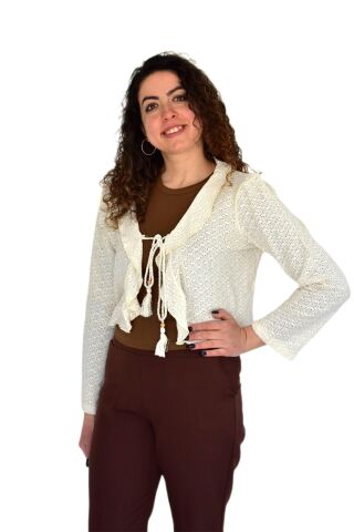 Kadın Yazlık Otantik File Bağcıklı Hırka BGL-ST04247 KREM - M