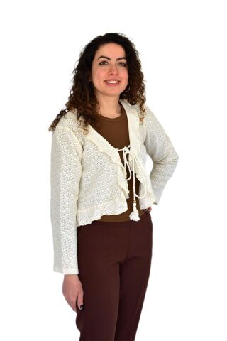 Kadın Yazlık Otantik File Bağcıklı Hırka BGL-ST04247 KREM - M