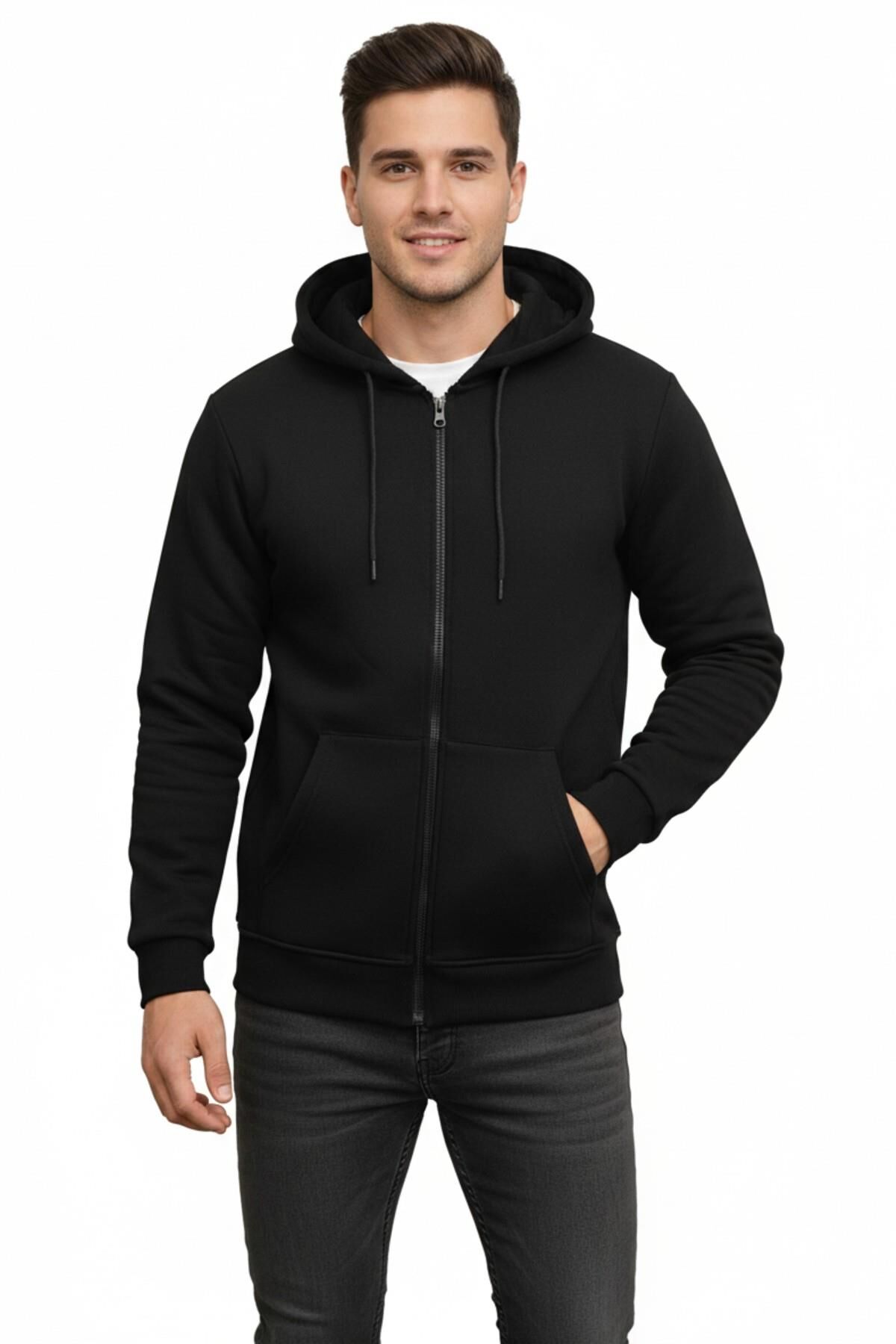 Erkek Büyük Beden Kapüşonlu Fermuarlı Sweatshirt 6549 BGL-ST05012 SİYAH - 4XL