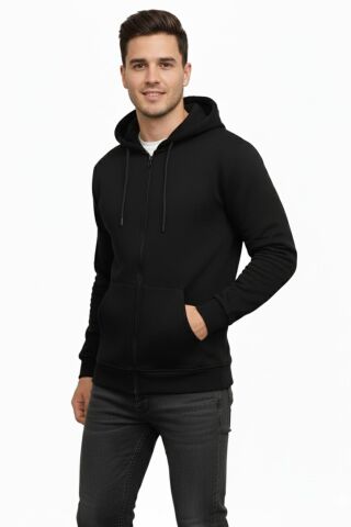 Erkek Büyük Beden Kapüşonlu Fermuarlı Sweatshirt 6549 BGL-ST05012 SİYAH - 4XL