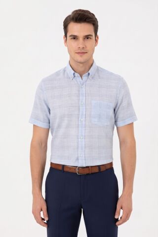 Erkek Büyük Beden Klasik Tek Cepli Kısa Kol Gömlek BGL-ST05605 MAVİ - 6XL