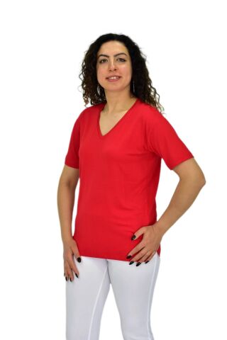 Kadın Yarım Kol V Yaka Likralı Tişöt  BGL-ST04651 KIRMIZI - S