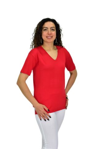 Kadın Yarım Kol V Yaka Likralı Tişöt  BGL-ST04651 KIRMIZI - M