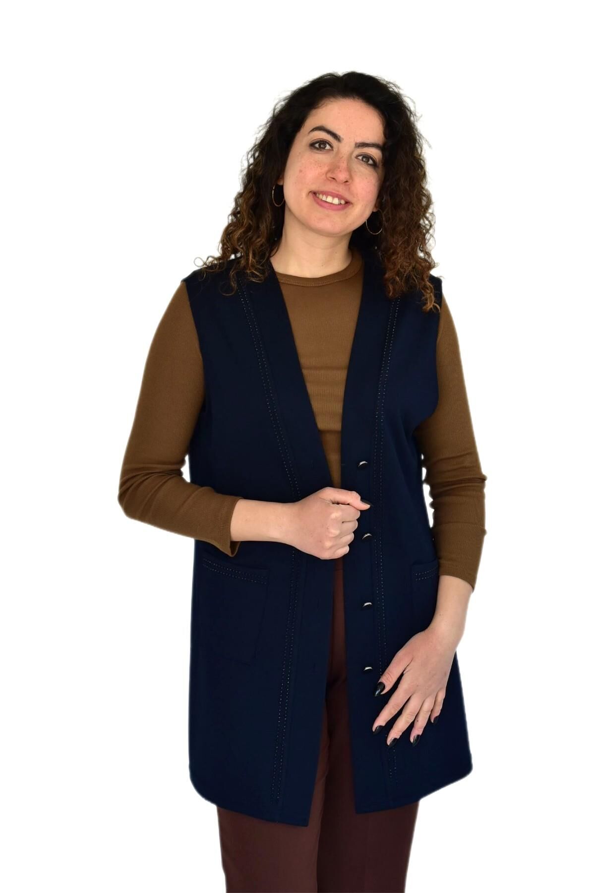 Kadın Anne Mevsimlik Düğmeli Cepli Yelek BGL-ST04314 LACİVERT - 44