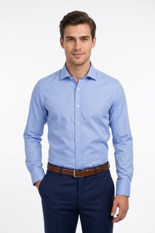 Erkek Slim Fitt Uzun Kol Armürlü Likralı Gömlek 2455 BGL-ST05602 MAVİ - L