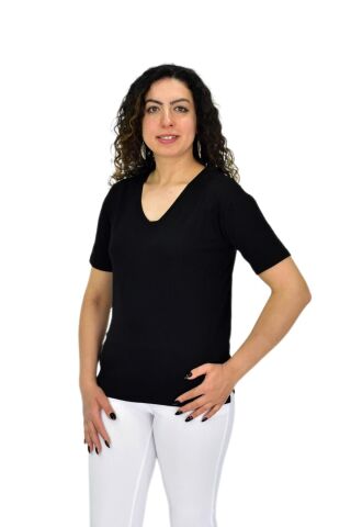 Kadın Yarım Kol V Yaka Likralı Tişöt  BGL-ST04651 SİYAH - S